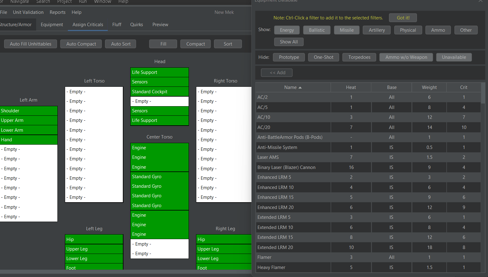 Detachable Equipment Table for crit assignment