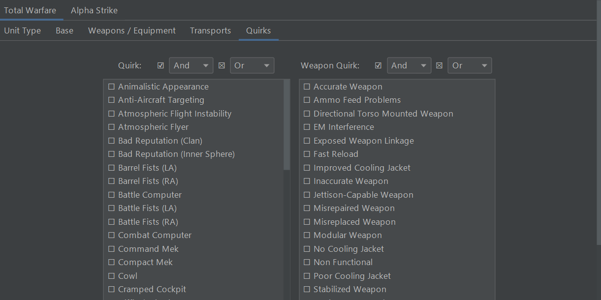MegaMek Advanced Search - Quirk Search