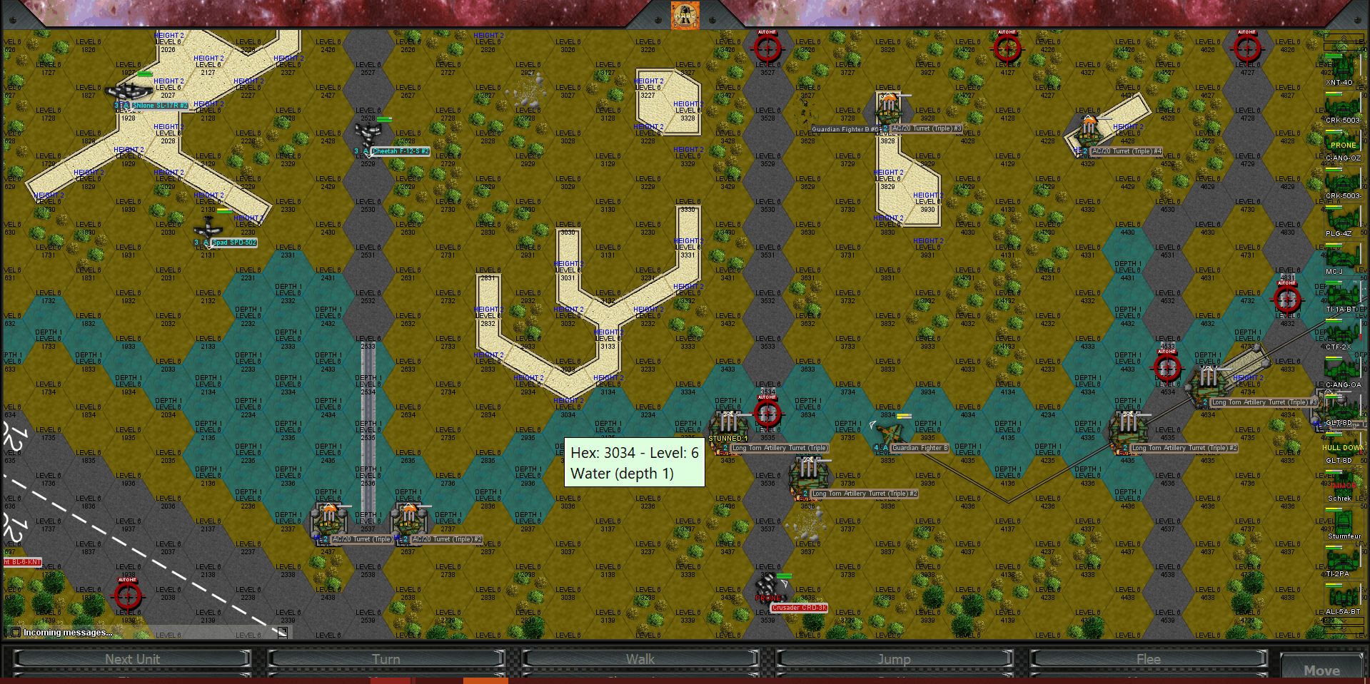 A battle with artillery targeting and turrets