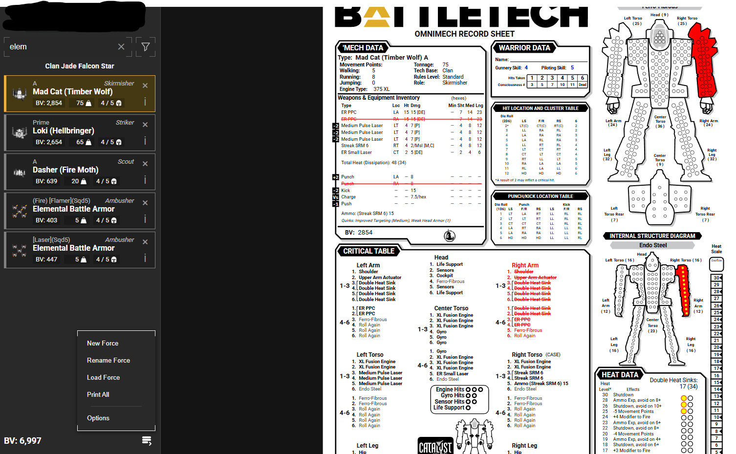 MekBay Sample Record sheet with Damage