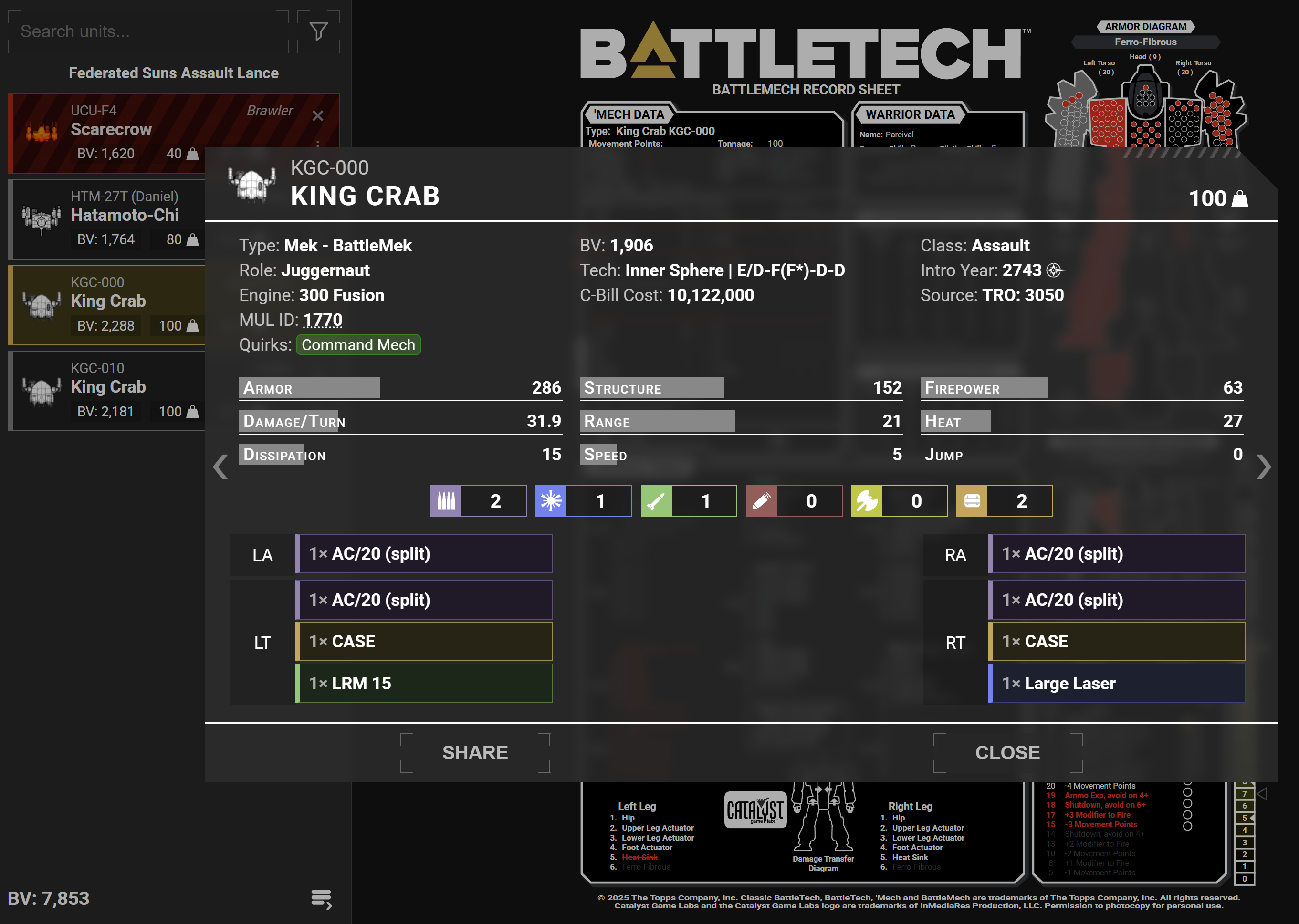 MekBay in Action - showing lance with damage and TRO
